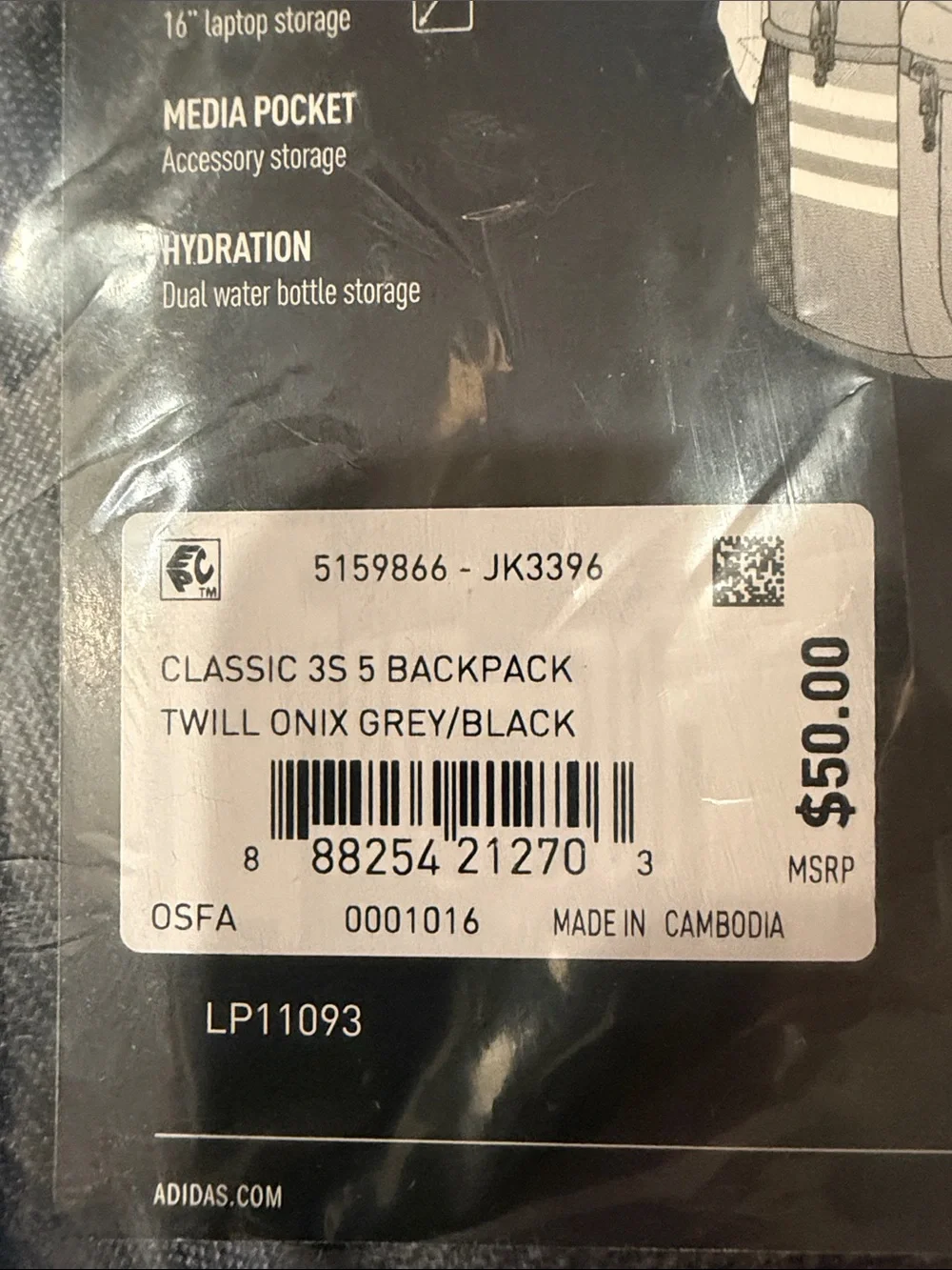 adidas Gray/Black Twill Classic 3S 5 Backpack/NWT
